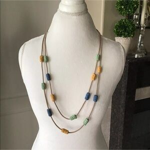 LAST 1! NEW Lava Bead Necklace & Earring SET Green Blue Gold Tube Beads on Cord